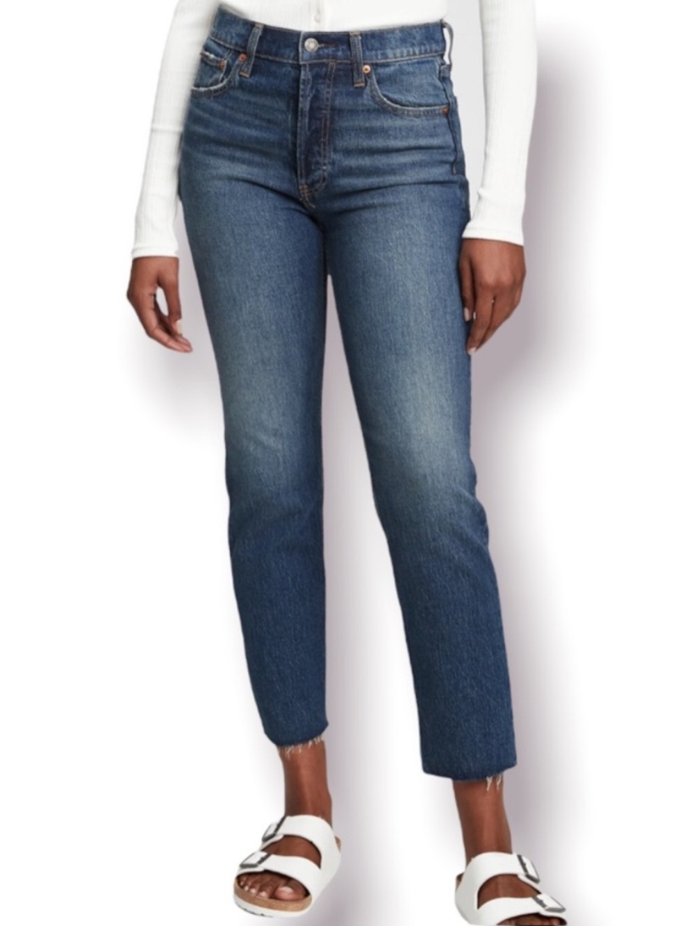 Gap Button Fly High Rise Cheeky Straight Jeans Blue Stretch Denim Raw Hem 8/29